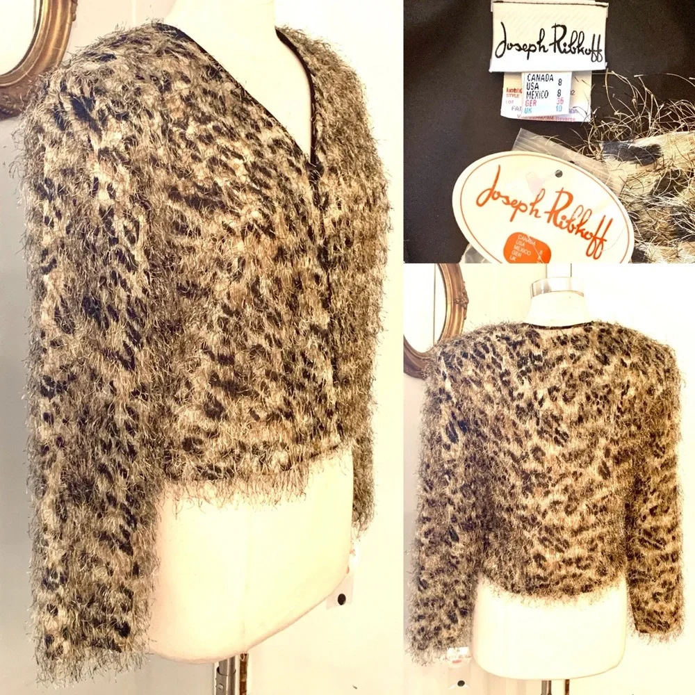 Joseph Ribkoff Animal Print Fringe Jacket size 8 M eyelash trim NWT cropped